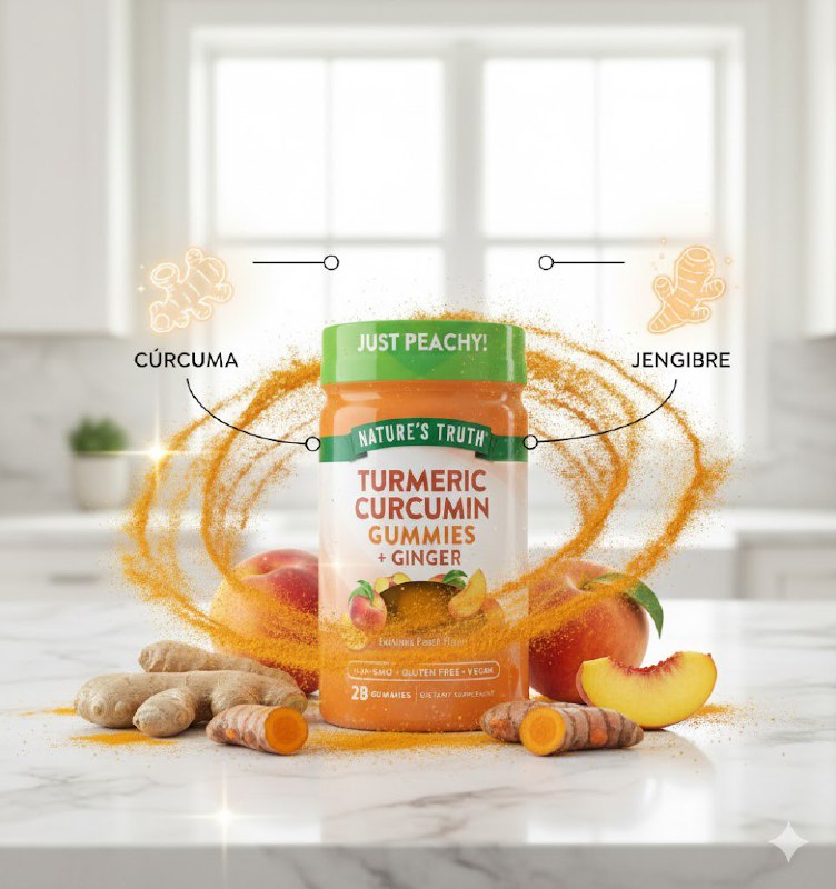 VITAMINAS EN GOMITAS DE CURCUMA, CURCUMINA Y GENGIBRE SIN GLUTEN, SABOR A MELOCOTON NATURE S TRUTH 28UND