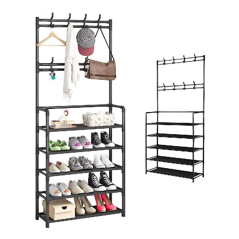 ORGANIZADOR ZAPATERA PLASTICA DE 5 NIVELES, PERCHERO MULTIFUNCIONAL 2 EN 1, CAPACIDAD 15 PARES, 8 GANCHOS COLOR NEGRO NEW SIMPLE FLOOR 80X29.5X171CM