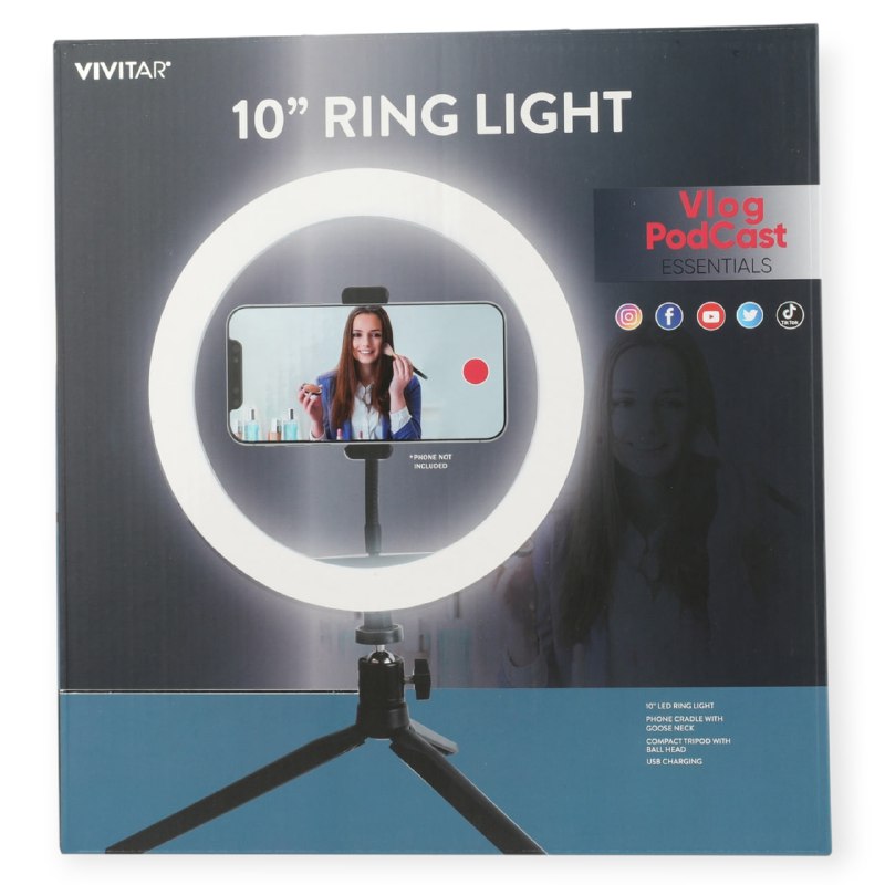 ARO DE LUZ LED DE 10 PULGADAS, TRIPODE DE ILUMINACION LED BRILLANTE Y UNIFORME CON SOPORTE DE TELEFONO VIVITAR
