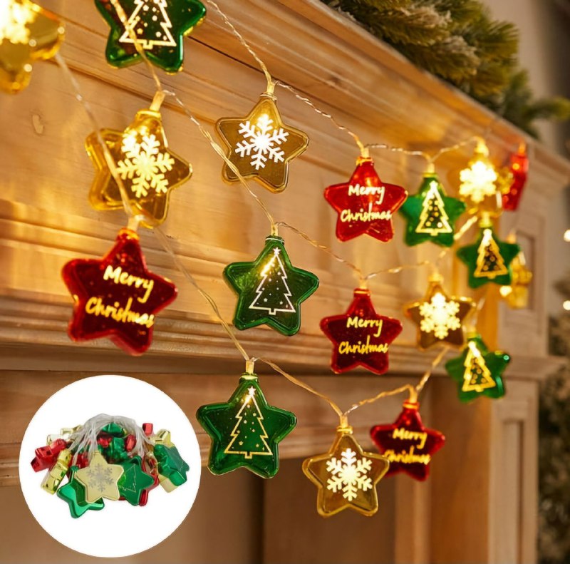LUCES DECORATIVAS NAVIDEÑAS EN FORMA DE ESTRELLA CADENA DE LUCES COLGANTES PARA ARBOL DE NAVIDAD 1.5 METROS