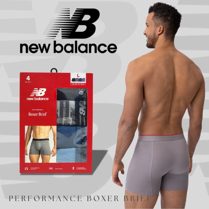 ROPA INTERIOR PARA CABALLERO NEW BALANCE BOXER BRIEF 4 UNIDADES TALLA LARGE 36-38 (L)