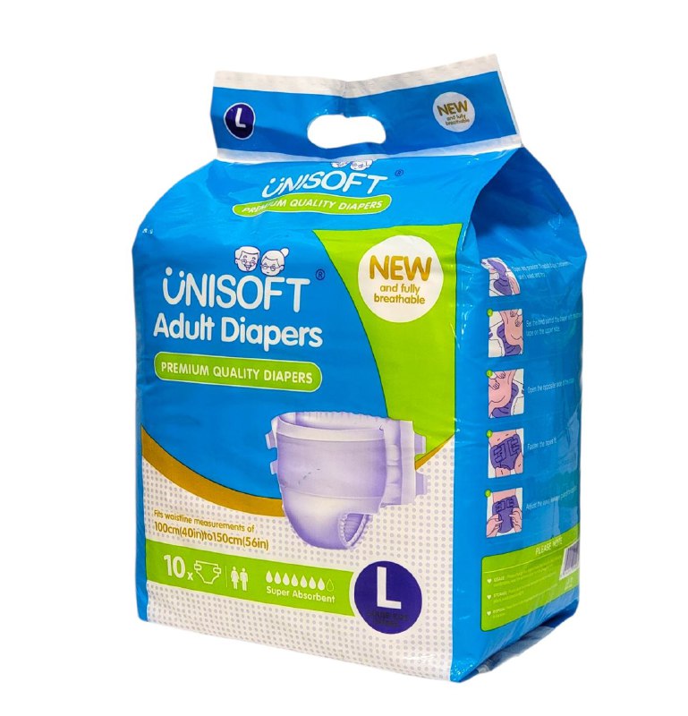 PAÑALES PARA ADULTOS DE CALIDAD PREMIUM SE ADAPTA A CINTURAS DE 100-150CM, DOBLE CAPA QUE ABSORBEN RAPOIDAMENTE UNISOFT TALLA L, 10UND
