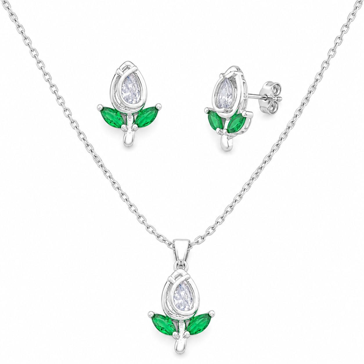 SET DE ENCHAPE PARA DAMA CON DISEÑO DE FLOR CON CRISTALES VERDES Y BLANCOS