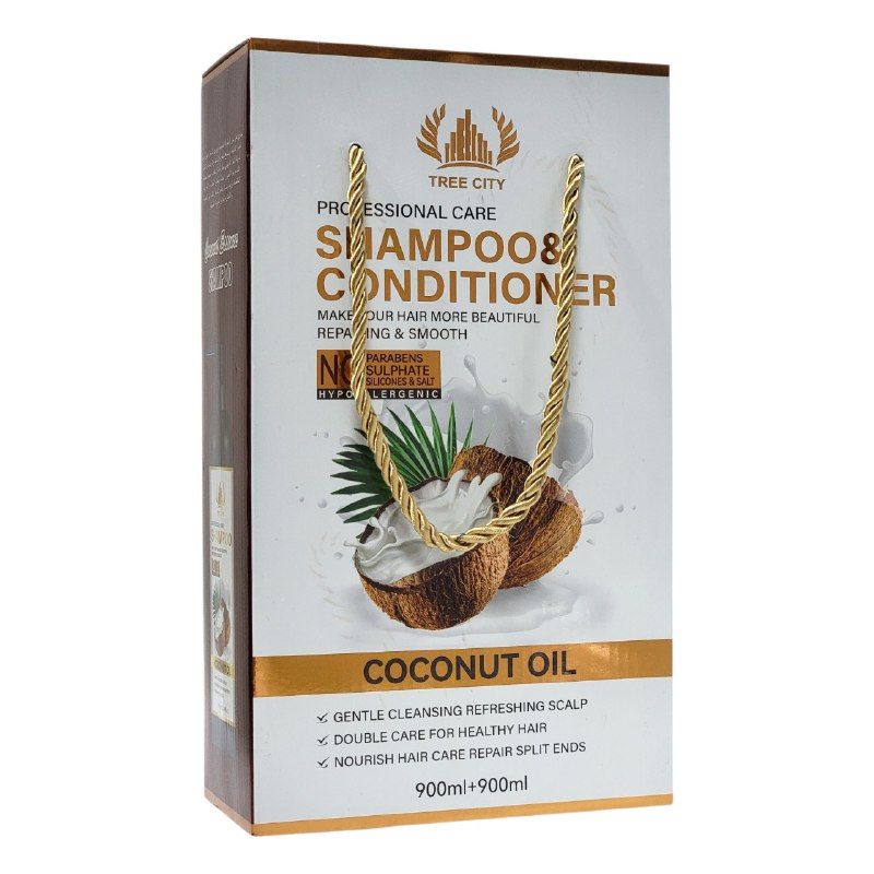 SHAMPOO EN SET PARA EL CABELLO CON ACONDICIONADOR DE ACEITE DE COCO SUAVIZANTE TREE CITY 900MLX2