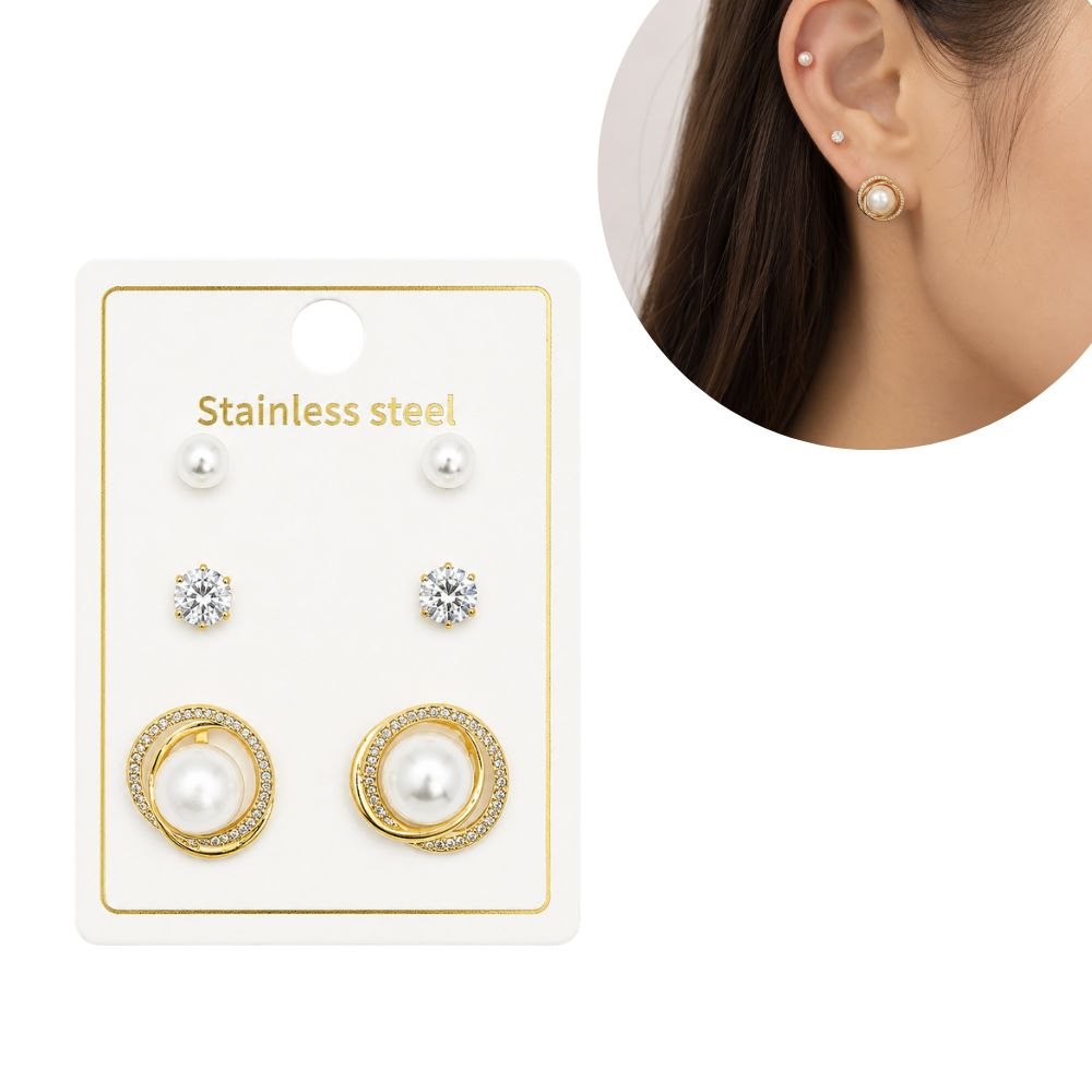 SET DE ARETES ENCHAPE PARA DAMA TRIPLE PAR CON AROS CONCÉNTRICOS EN PAVÉ Y PERLA