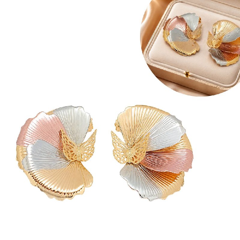 ARITOS DE ENCHAPE PARA DAMA CON DISEÑO DE FLOR Y MARIPOSA 5.7CM