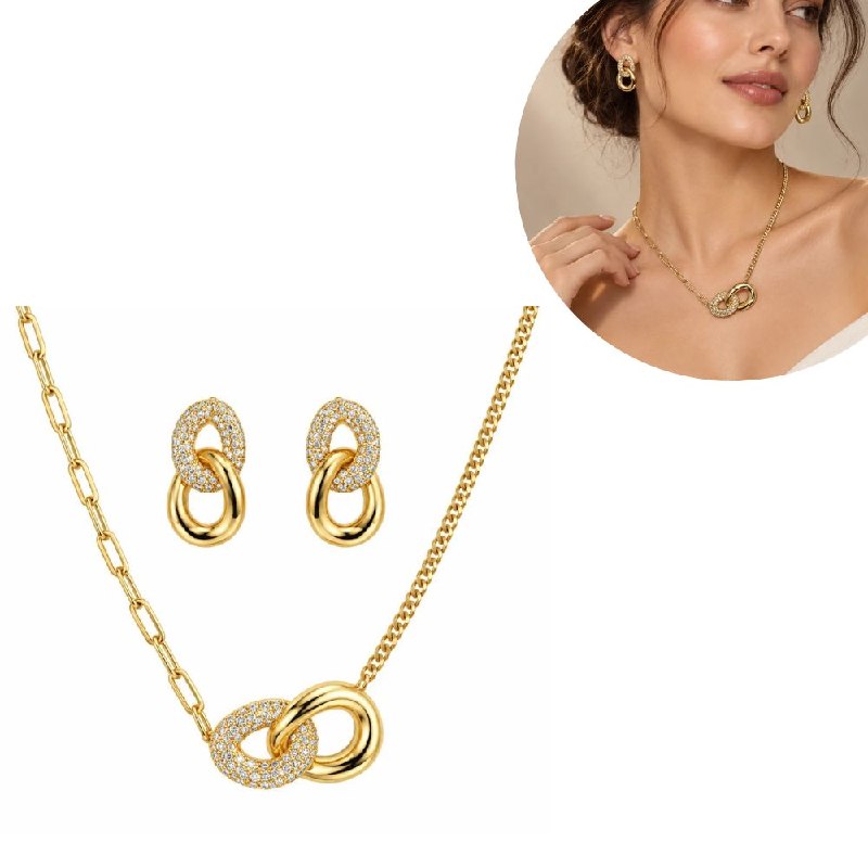 SET DE ENCHAPE PARA DAMA CON DISEÑO DE AROS ENLAZADOS (DUPE DE SWAROVSKI)
