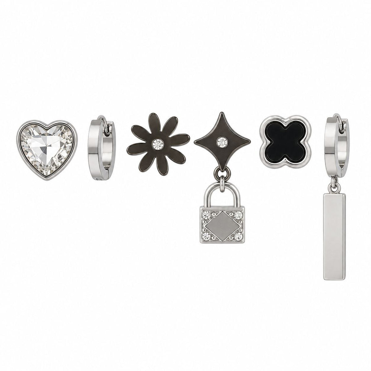 SET DE ARETES ARRACADAS DE ENCHAPE EN RODIO NEGRO Y SILVER PARA DAMA CON DIJES URBANOS Y ESMALTE