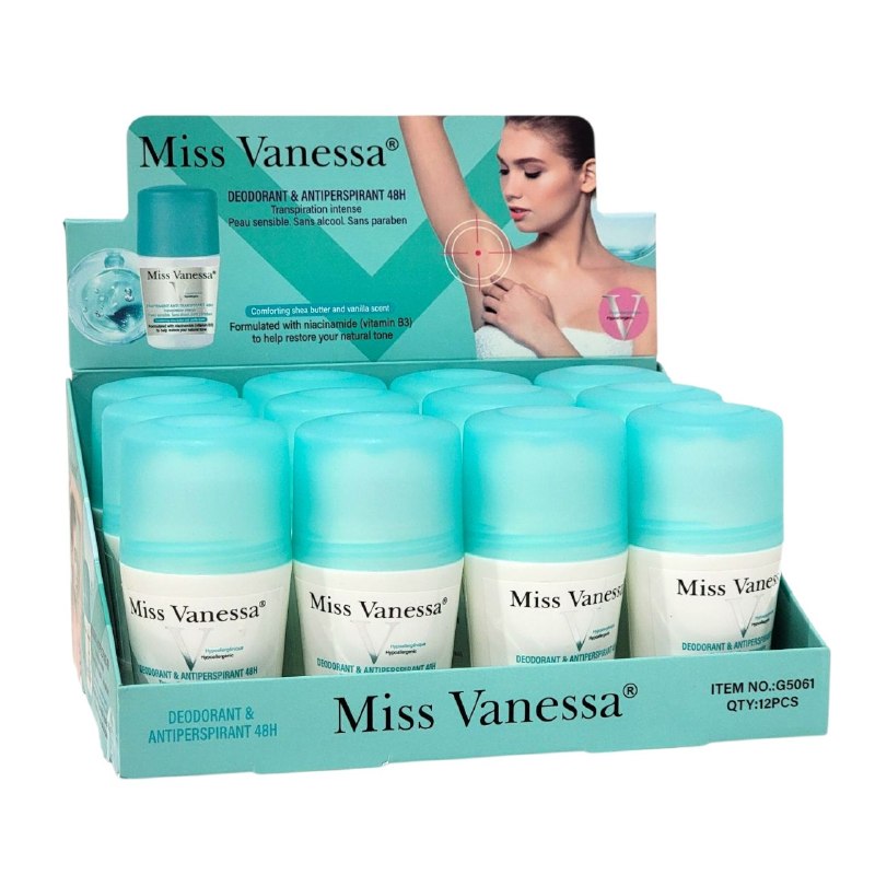 DESODORANTE PARA MUJERES ANTITRANSPIRANTE DE 48H OLOR A KARITE Y VAINILLA MISS VANESSA 50ML DUPE DE VICHY