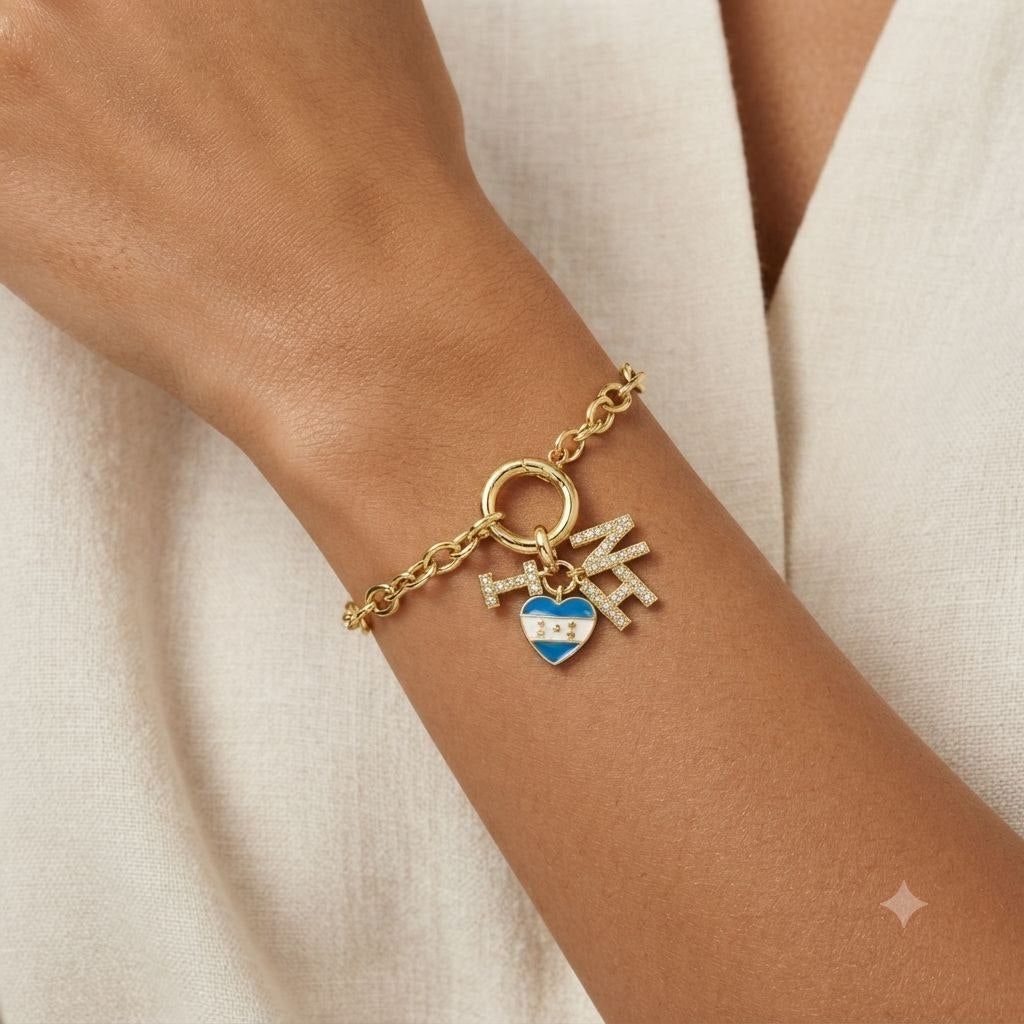 PULSERA DE ENCHAPE PARA DAMA CON DISEÑO DE CORAZON DE HONDURAS Y LETRAS