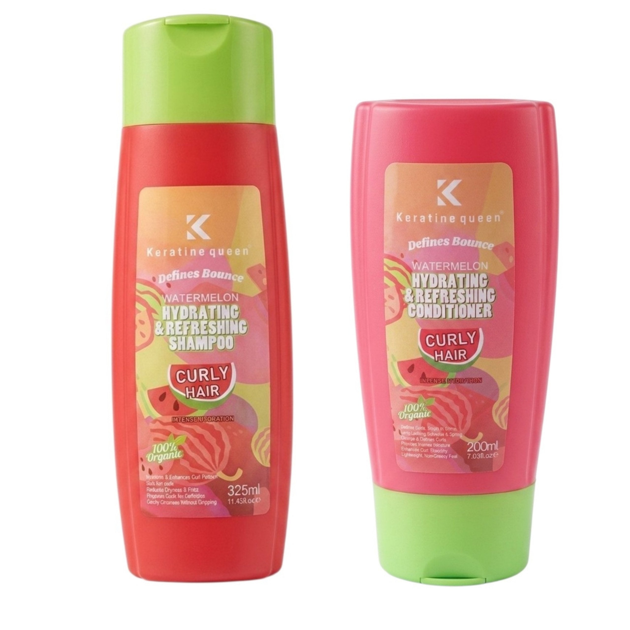 SET DE SHAMPOO Y ACONDICIONADOR HIDRATANTE Y NUTRITIVO PARA CABELLO RIZADO CON EXTRACTO DE SANDIA KERATINE QUEEN 325ML & 200ML