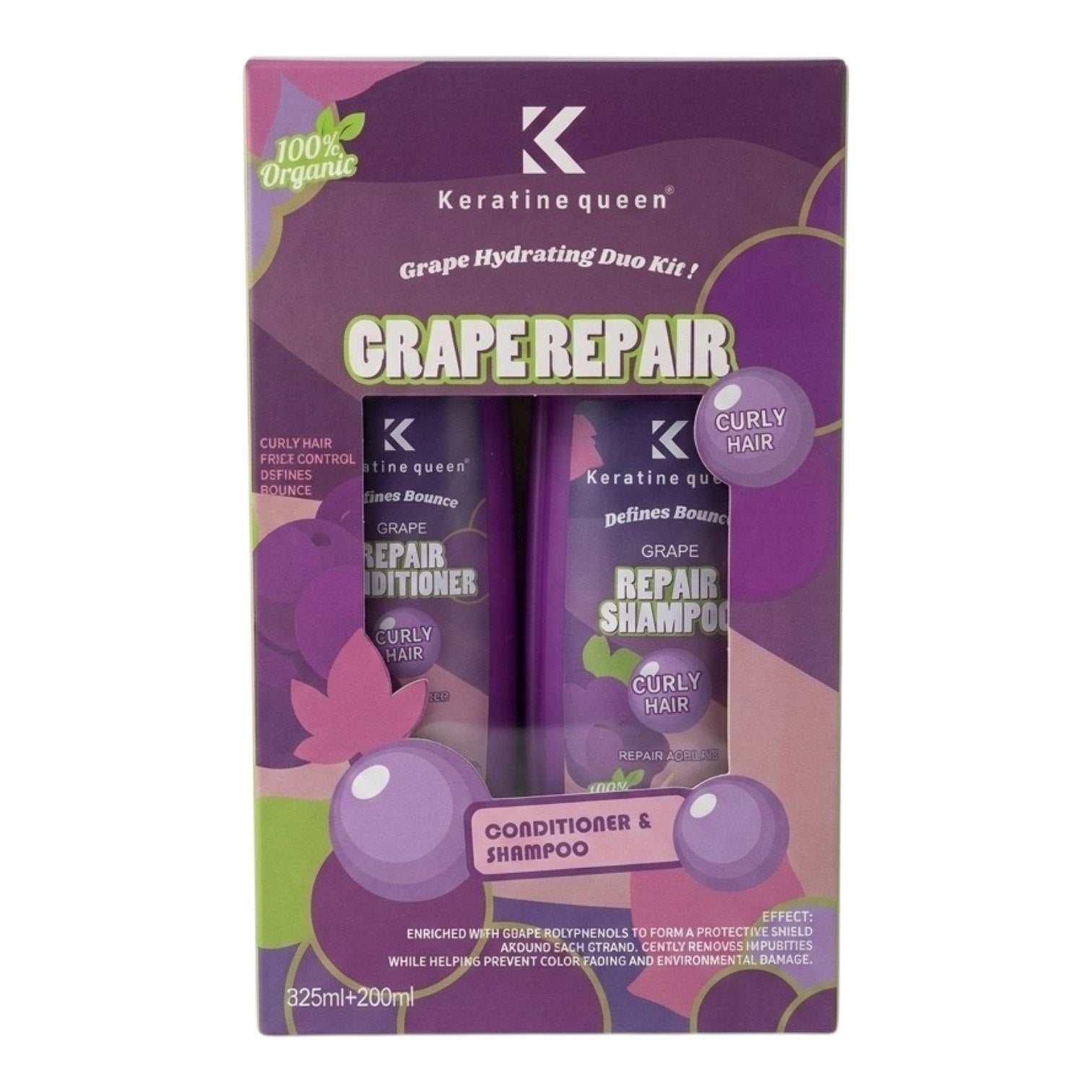 SET DE SHAMPOO Y ACONDICIONADOR HIDRATANTE Y NUTRITIVO PARA CABELLO RIZADO CON EXTRACTO DE UVA KERATINE QUEEN 325ML & 200ML