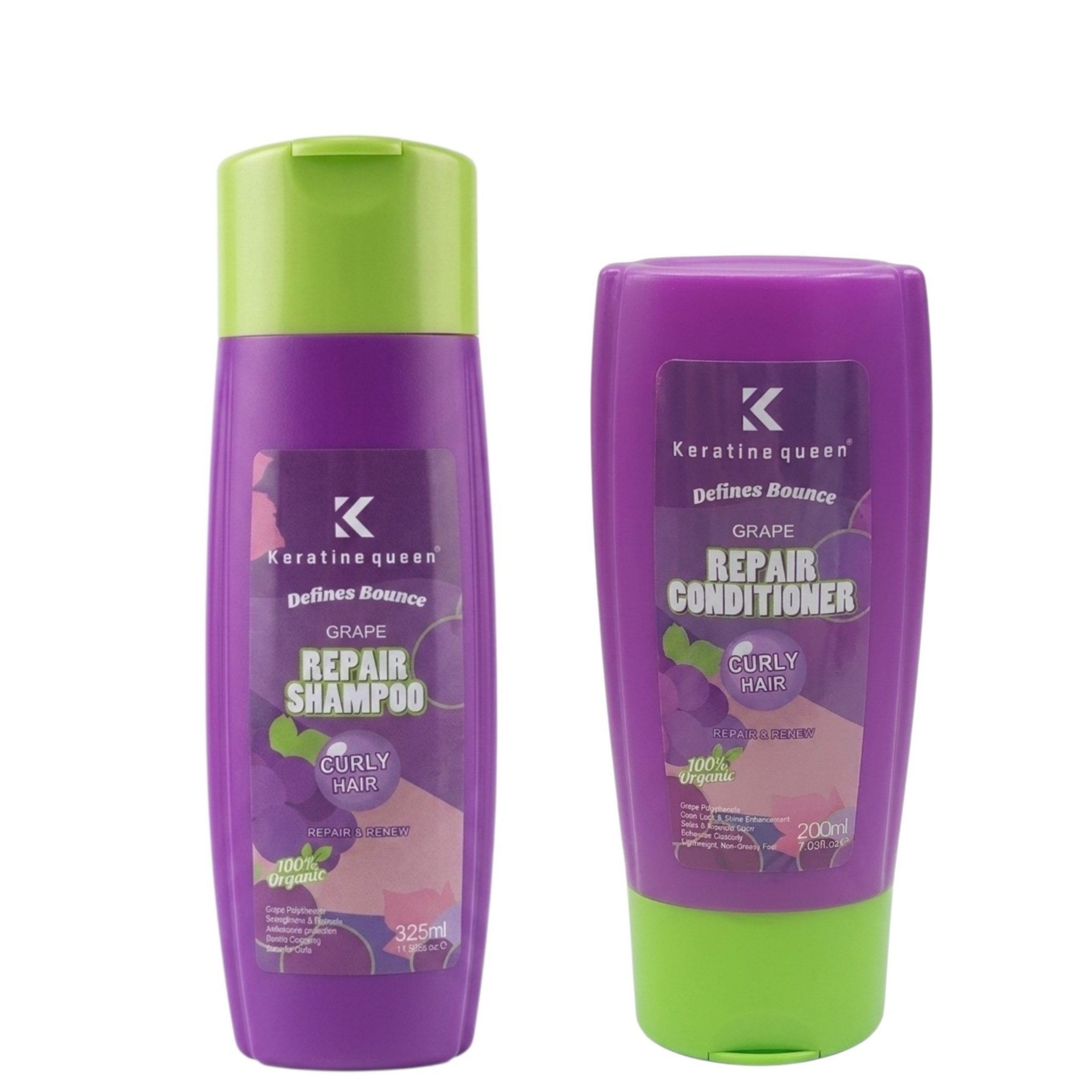 SET DE SHAMPOO Y ACONDICIONADOR HIDRATANTE Y NUTRITIVO PARA CABELLO RIZADO CON EXTRACTO DE UVA KERATINE QUEEN 325ML & 200ML
