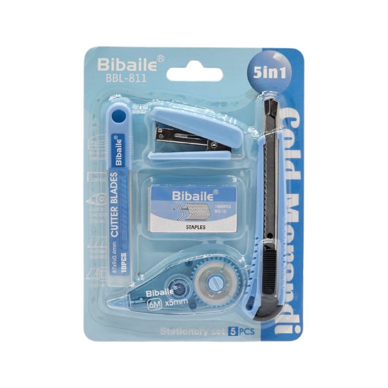 SET DE UTILES DE PAPELERIA PARA NIÑOS 5 EN 1, GRAPADORA, GRAPAS, CORRECTOR, CUTER REPUESTOS BIBAILE BBL-811