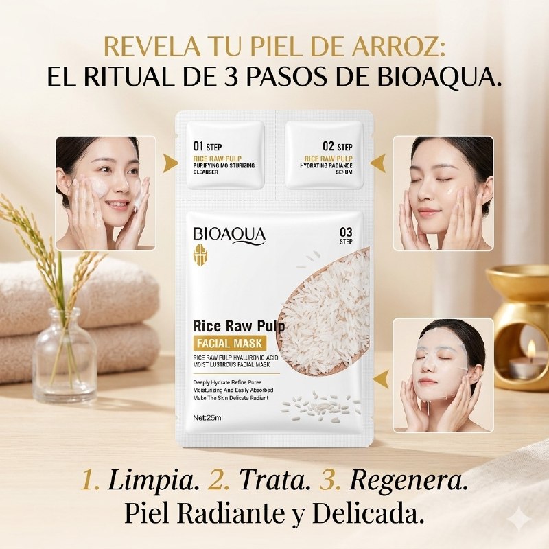 MASCARILLA FACIAL DE TELA HIDRATANTE, PURIFICANTE Y PERFECCIONADORA DE POROS DE PULPA CRUZA DE ARROZ Y ACIDO HIALURONICO BIOAQUA 25ML