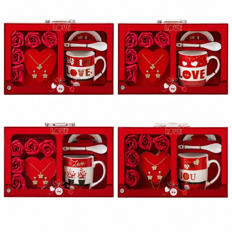 SET DE REGALO DE 9 PIEZAS LOVE (TAZA, PLATO, CUCHARA, SET DE JOYERÍA Y ROSAS) 1 UND