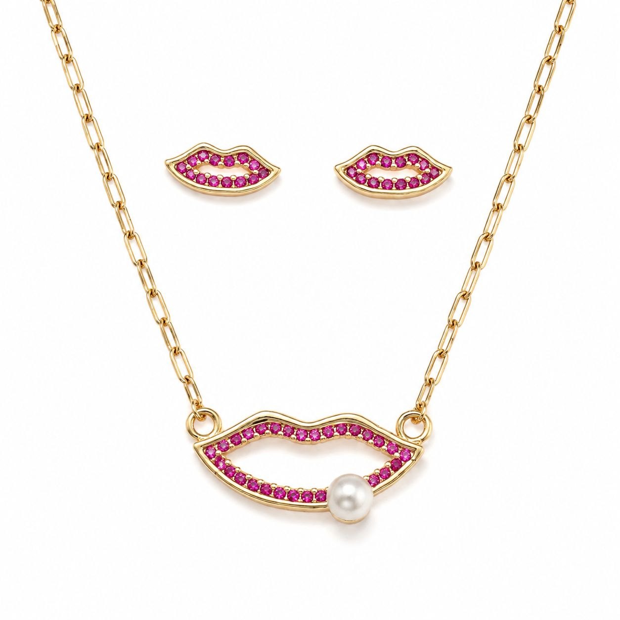 SET DE ENCHAPE PARA DAMA CON DISEÑO DE LABIOS CON CRISTALES ROSADOS Y PERLA