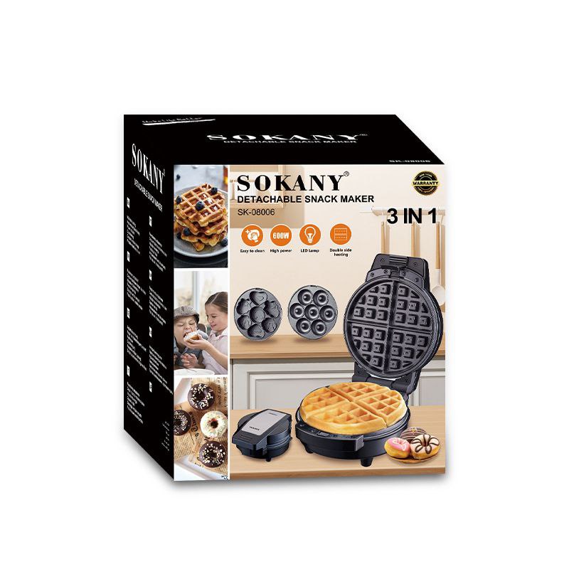 MAQUINA PARA HACER SNACKS CHUCHERIAS DESMONTABLE 3 EN 1, WAFFLES, MINI DONAS, CUPCAKES, FACIL DE LIMPIAR, ALTA POTENCIA, CALEFACCION DOBLE CARA SOKANY SK-08006