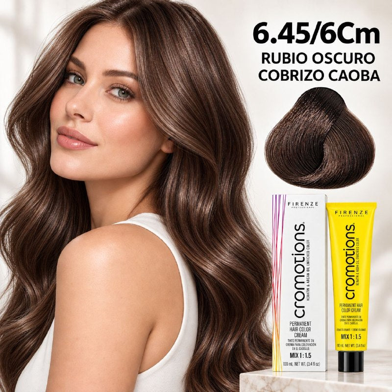 TINTE PERMANENTE PARA EL CABELLO EN CREMA RUBIO OSCURO COBRIZO CAOBA 6.45/ 6CM FIRENZE 100ML