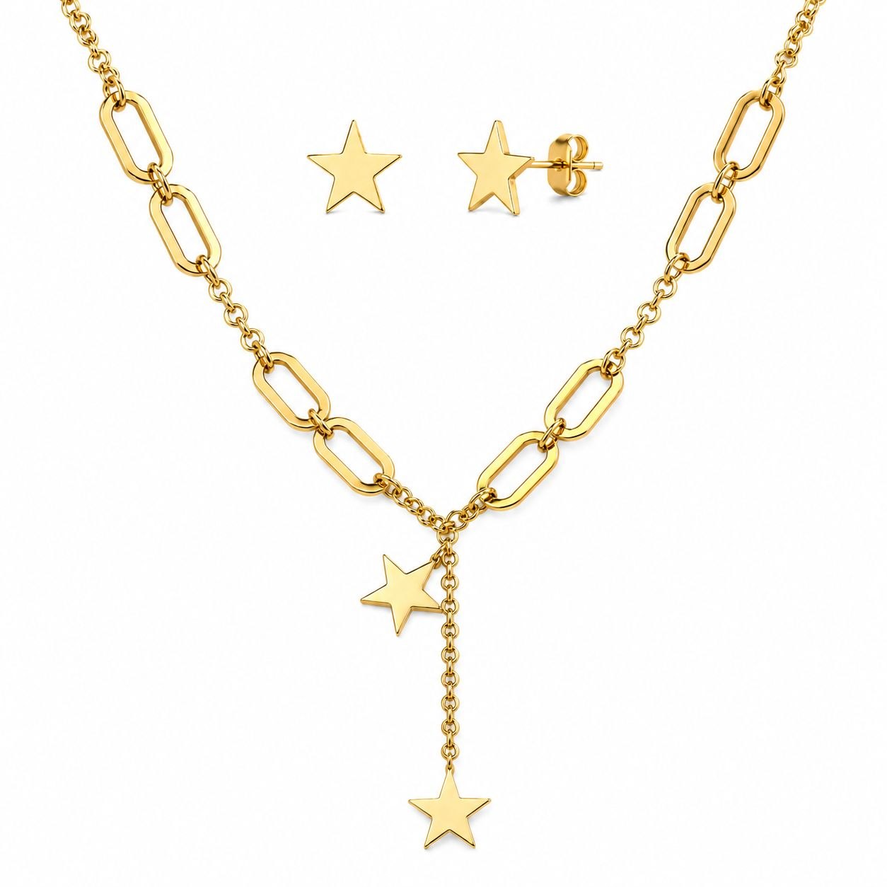 SET DE ENCHAPE PARA DAMA CON DISEÑO DE ESTRELLAS LISAS EN CADENA ESTILO CORBATERO