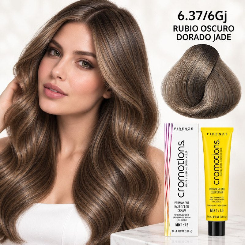 TINTE PERMANENTE PARA EL CABELLO EN CREMA RUBIO OSCURO DORADO JADE 6.37/ 6GJ FIRENZE 100ML