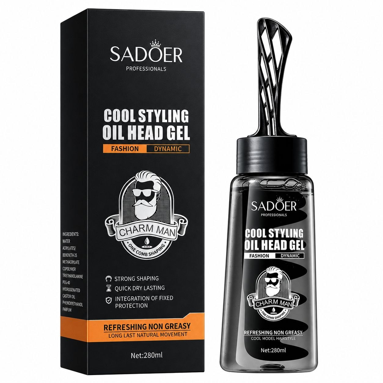 GEL FIJADOR DE ALTA DEFINICIÓN CON SISTEMA DE PEINE APLICADOR INTEGRADO SADOER COOL STYLING OIL HEAD GEL 280 ML