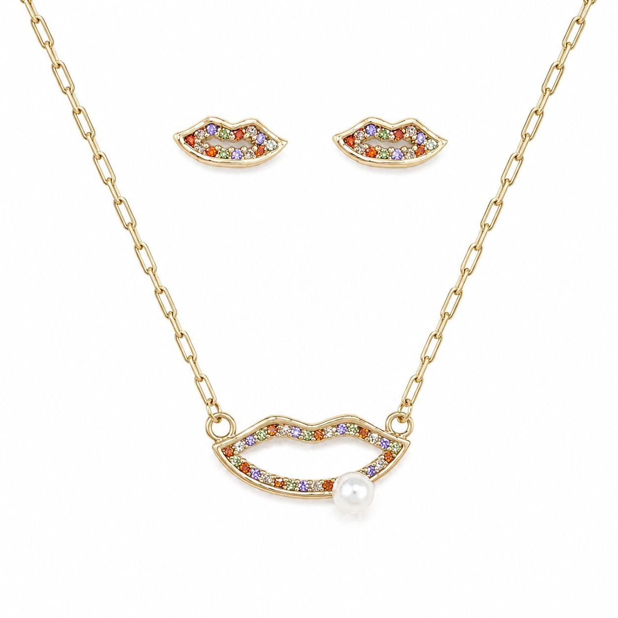 SET DE ENCHAPE PARA DAMA CON DISEÑO DE LABIOS CON CRISTALES MULTICOLOR Y PERLA