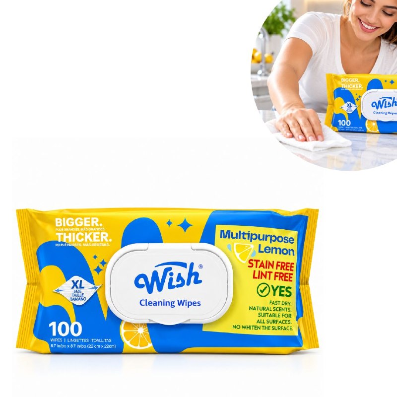 TOALLITAS HUMEDAS DE LIMPIEZA MULTIUSOS PARA EL HOGAR CON AROMA A LIMON WISH 100UND
