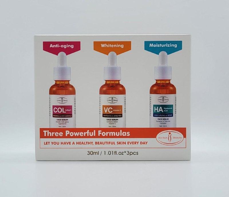 SET DE SUEROS FACIALES FORMULAS ANTIENVEJECIMIENTO CON COLAGENO BLANQUEADOR CON VITAMINA C E HIDRATANTE CON ACIDO HIALURONICO AICHUN BEAUTY 30MLX3