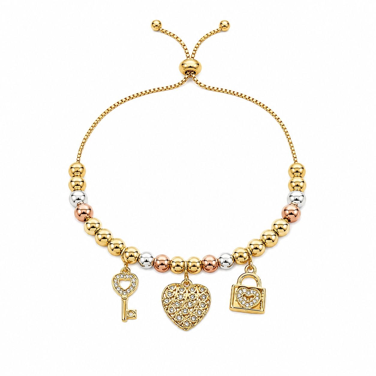 PULSERA DE ENCHAPE PARA DAMA CON DISEÑO DE LLAVE, CORAZON Y CANDADO