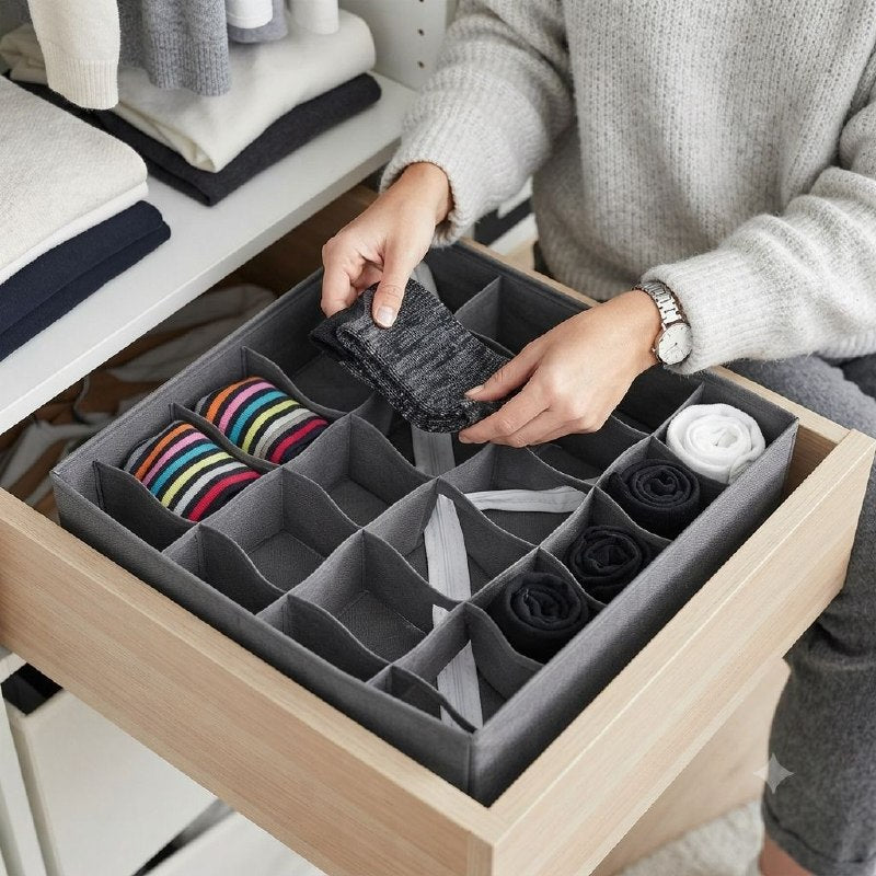 ORGANIZADOR CAJA DE ALMACENAMIENTO DE 24 COMPARTIMIENTOS PLEGABLE PARA CALCETINES Y ROPA INTERIOR INT HOME IMPLEMENTS 30X30CM