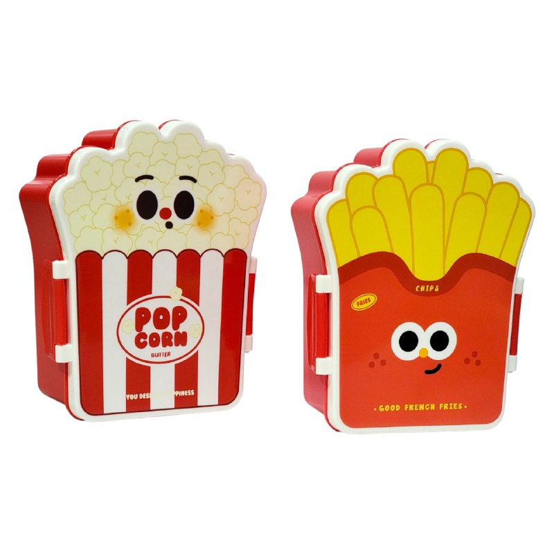 LONCHERA CON DISEÑO DE PAPAS FRITAS Y PALOMITAS CON SEPARADOR Y CUBIERTOS