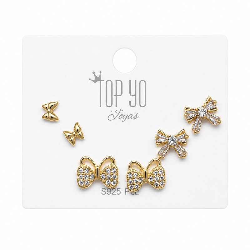 SET DE 3 PARES DE ARITOS DE ENCHAPE PARA DAMA MOÑOS CON CIRCONES Y MARIPOSAS DORADAS