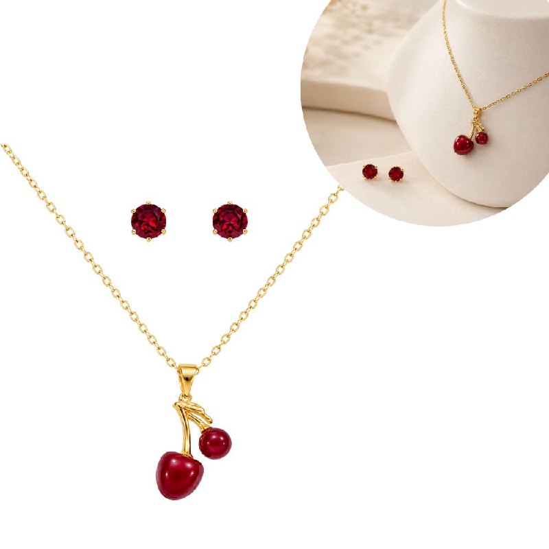 SET DE ENCHAPE PARA DAMA CON DISEÑO DE CEREZAS Y ARETES DE CIRCÓN ROJO