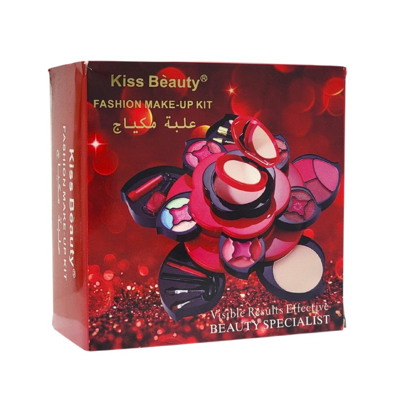 SET DE MAQUILLAJE EN FORMA DE FLOR, RUBOR, LABIALES, POLVO, ESPONJA Y MINI BROCHAS 9X20CM KISS BEAUTY