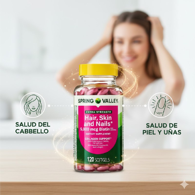 VITAMINAS EN CAPSULAS EXTRA FUERTE PARA EL CABELLO, PIEL Y UÑAS 5000MCG DE BIOTINA CON COLAGENO SPRING VALLEY 120UND