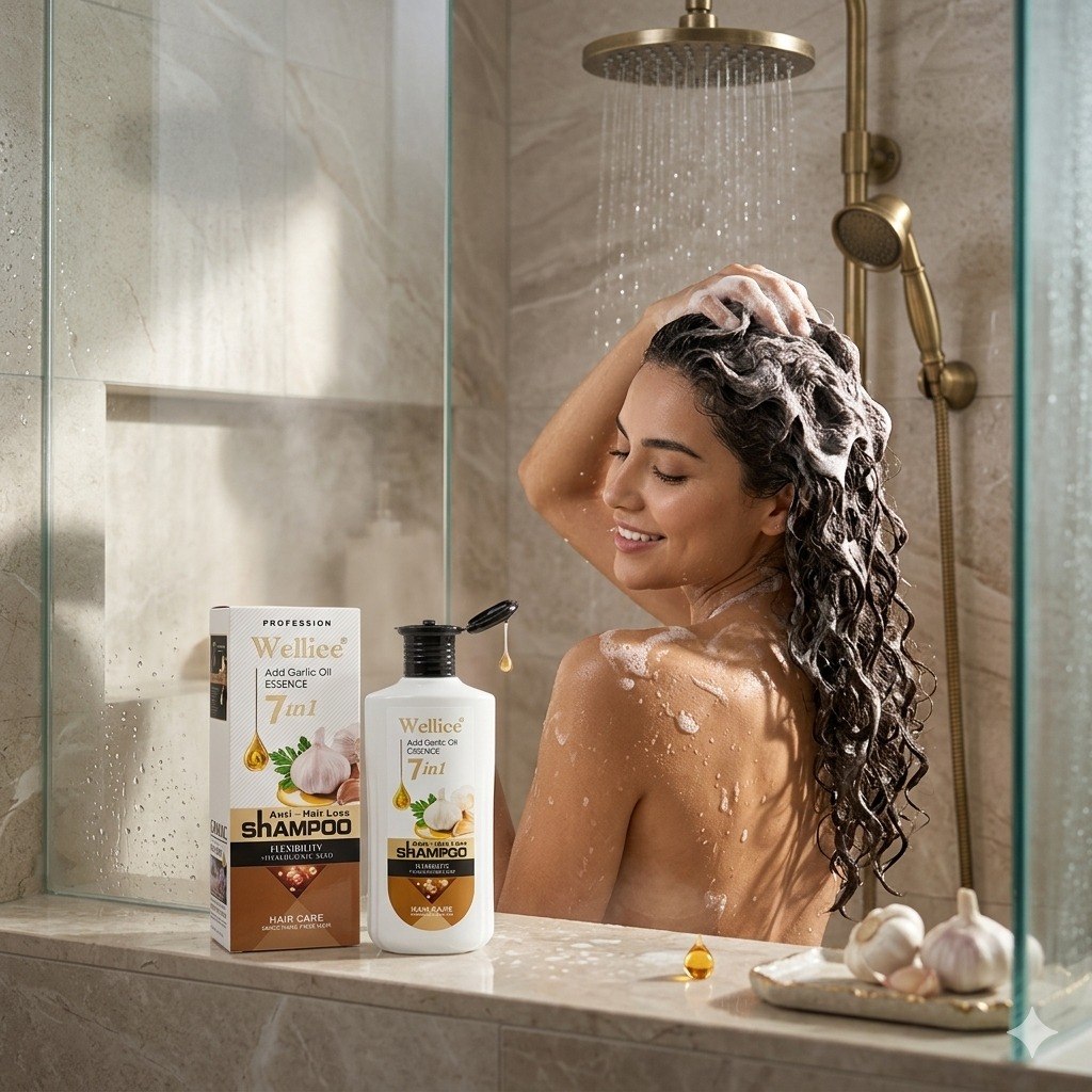 SHAMPOO FORTALECEDOR ANTICAIDA CON ACEITE DE AJO Y ACIDO HIALURONICO WELLICE 400G
