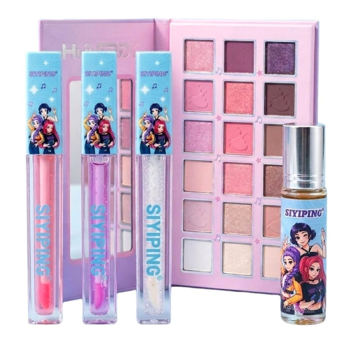 KIT DE MAQUILLAJE CON PALETA LABIALES Y MINI PERFUME DE HUNTRIX LAS GUERRERAS KPOP SIYIPING