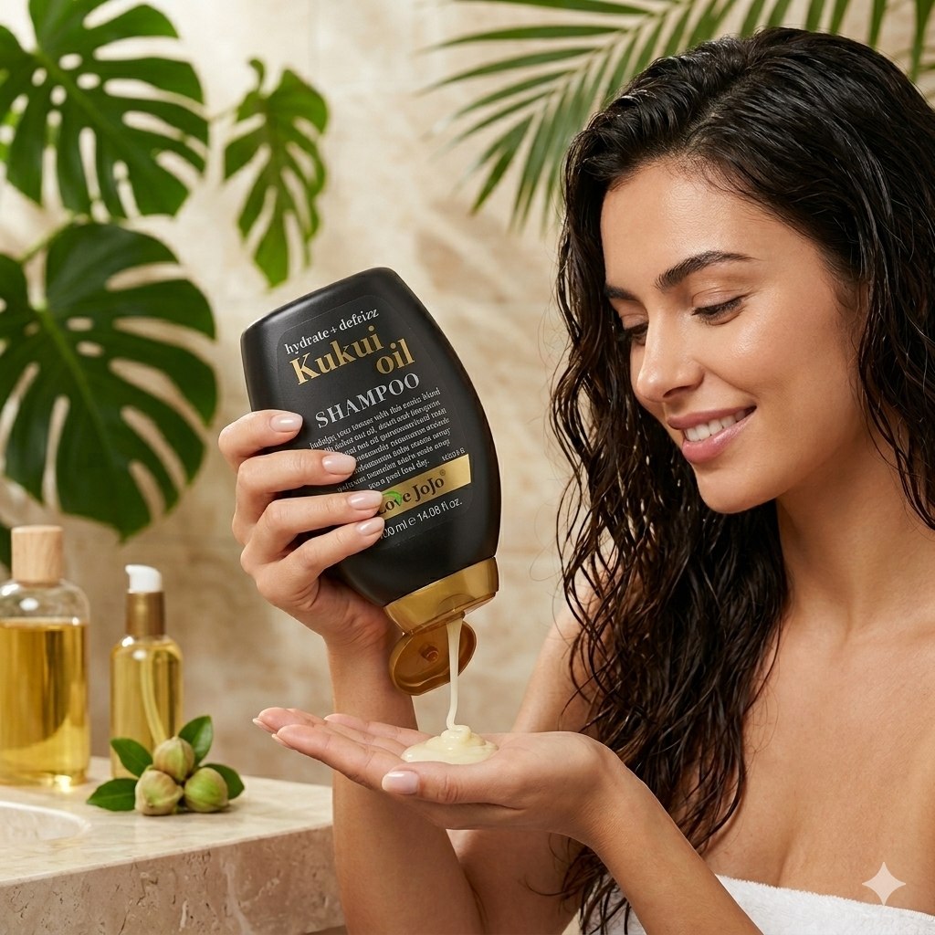 SHAMPOO HIDRATANTE Y ANTIFRIZZ CON ACEITE DE NUEZ DE KUKUI Y DE ARGAN LOVE JOJO 400ML