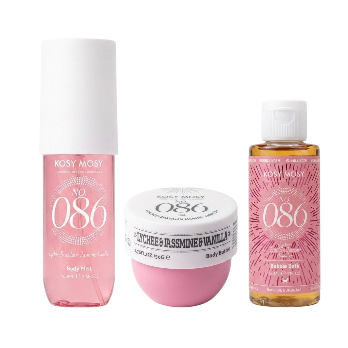 SET DE SPLASH KOSY MOSY LICHEE BRAZILIAN JASMINE VANILLA Nº086 SPLASH 100ML CREMA CORPORAL 50G BAÑO DE BURBUJAS 60ML (M) (AROMA SIMILAR A SOL DE JANEIRO CHEIROSA Nº68)