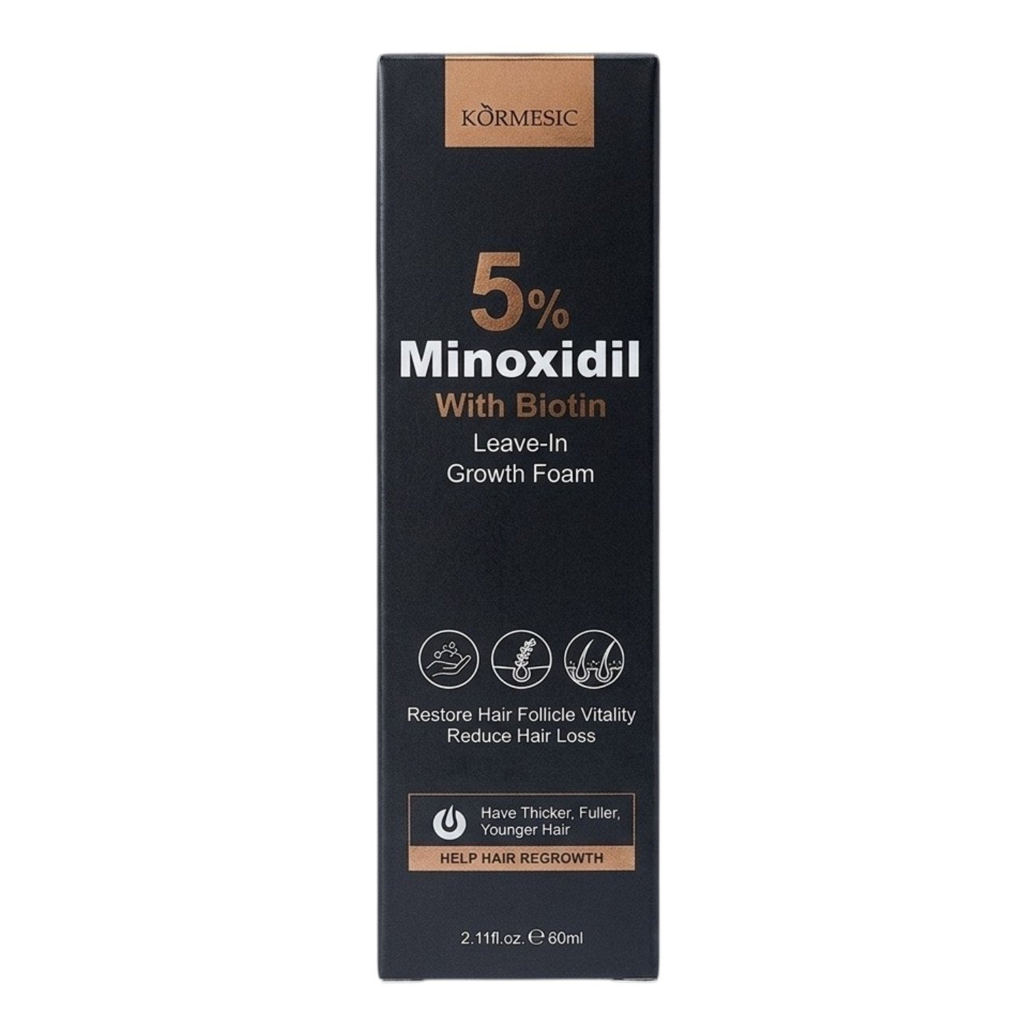 ESPUMA PARA EL CABELLO SIN ENJUAGUE ANTICAIDA Y FORTALECEDOR CON MINOXIDIL 5% Y BIOTINA KORMESIC 60ML