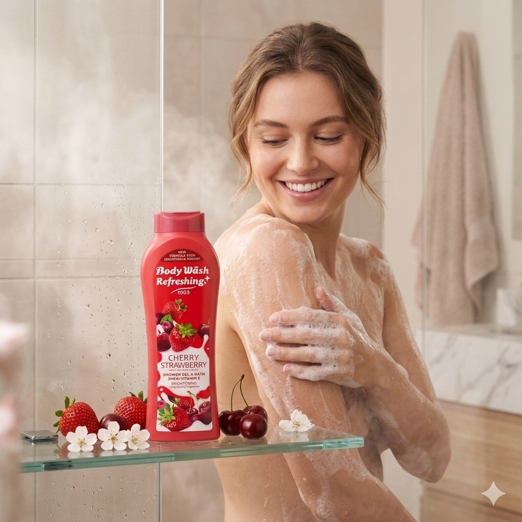 GEL DE DUCHA REFRESCANTE CON AROMA FRUTAL CONCENTRADO EN CEREZAS Y FRESAS 650ML