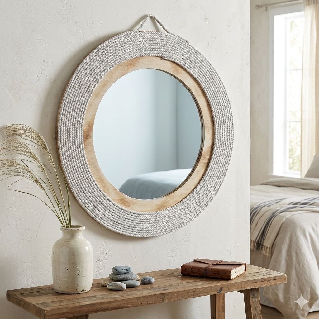 ESPEJO DE PARED REDONDO DE ESTILO COSTERO CON MARCO DE CUERDA Y MADERA 40X40CM