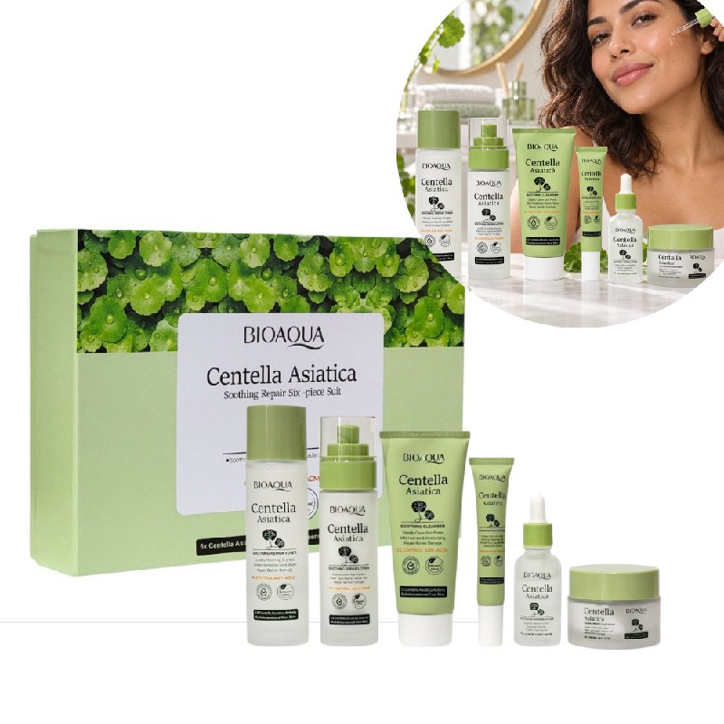 SET DE CUIDADO FACIAL DIARIO HIDRATANTE, CALMANTE Y ANTIACNE DE CENTELLA ASIATICA BIOAQUA 6PCS