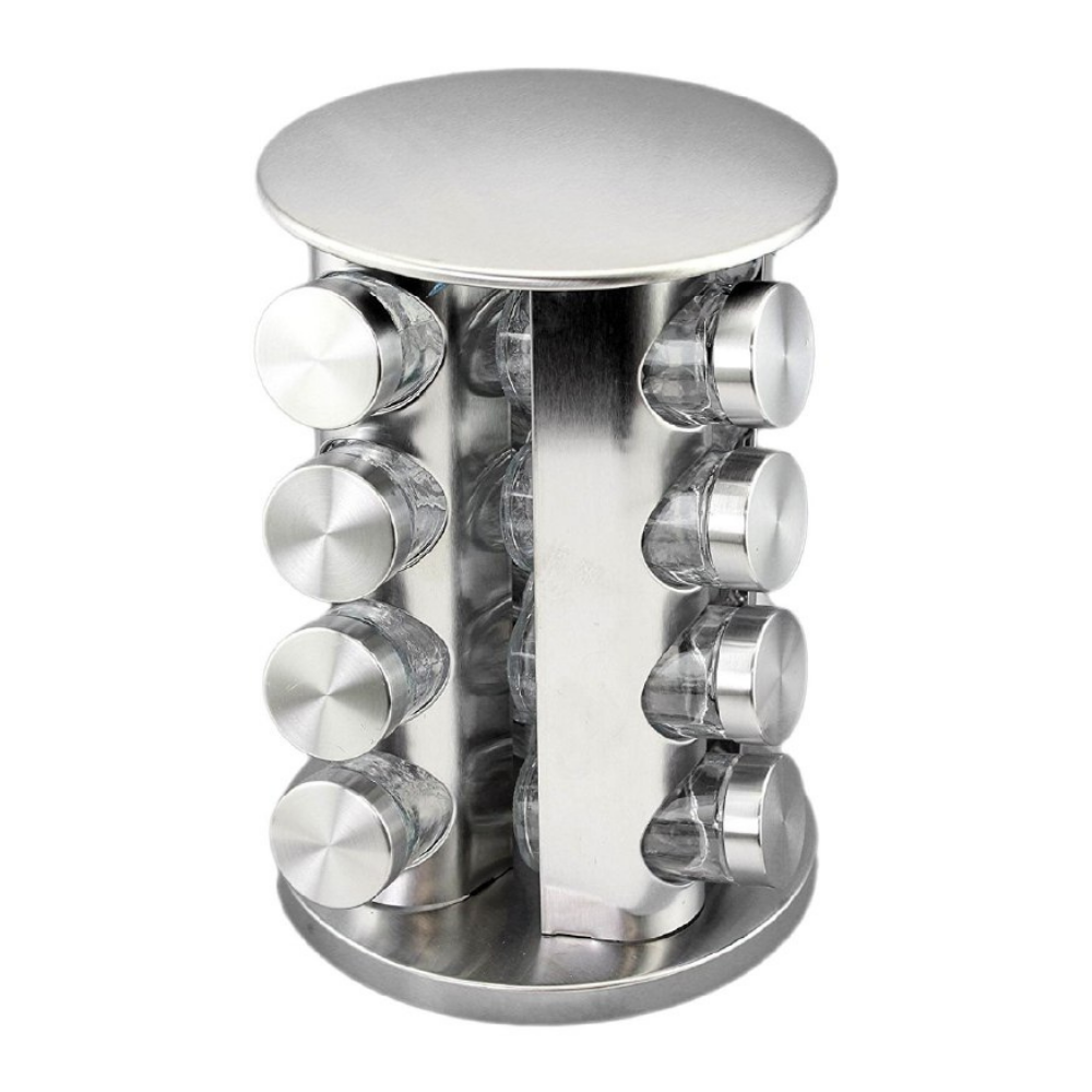 ORGANIZADOR ESPECIERO GIRATORIO DE ACERO INOXIDABLE DE 16 BOTES DE VIDRIO MULTI FLAVOR