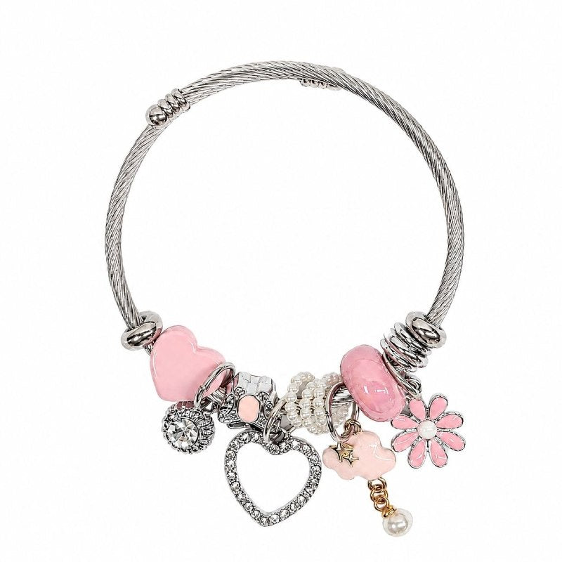 PULSERA DE ENCHAPE PARA DAMA CON DISEÑO DE CORZON, NUBE Y FLOR 6CM