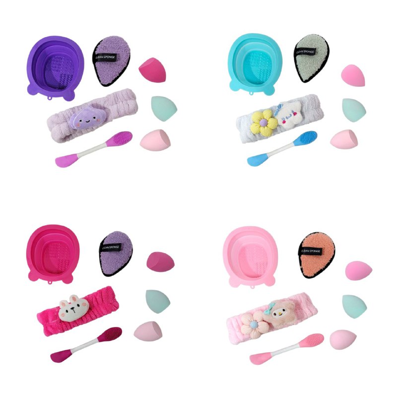 KIT DE CUIDADO FACIAL, ESPONJAS MAQUILLAJE, ESPONJA LAVADO FACIAL, VINCHA ELASTICA, MINI BOWL PLEGABLE PARA LAVAR BROCHAS KISS LOVELY