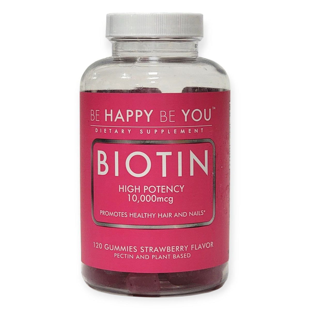 VITAMINAS EN GOMITAS DE BIOTINA, ALTA POTENCIA 10000MGC, PROMUEVE EL CABELLO Y UÑAS SALUDABLES, SABOR FRESA PECTINA BE HAPPY BE YOU DIETARY SUPLEMENT 120UND