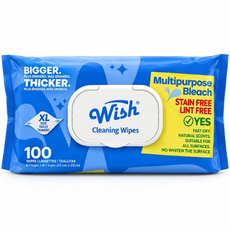 TOALLITAS HUMEDAS DE LIMPIEZA MULTIUSOS PARA EL HOGAR CON BLANQUEADOR WISH 100UND