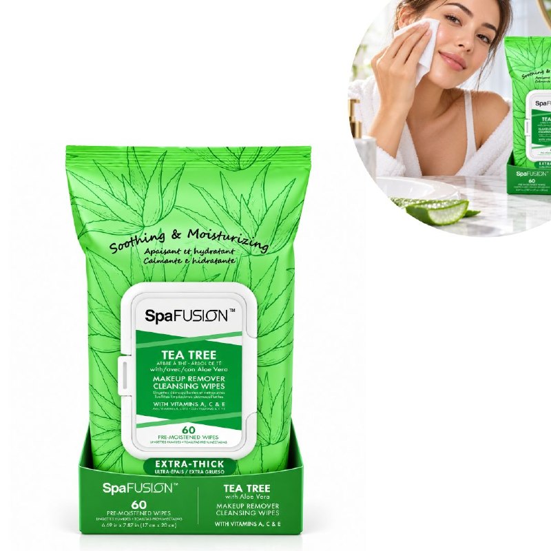 TOALLITAS HUMEDAS FACIALES DESMAQUILLANTES Y LIMPIADORAS DE ARBOL DE TE CON ALOE VERA SPA FUSION 60UND